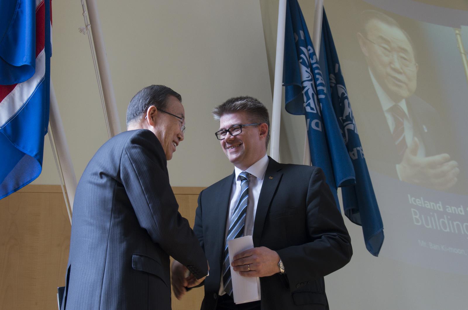 Ban Ki-moon, aðalframkvæmdastjóra SÞ og Gunnar Bragi Sveinsson, utanríkisráðherra